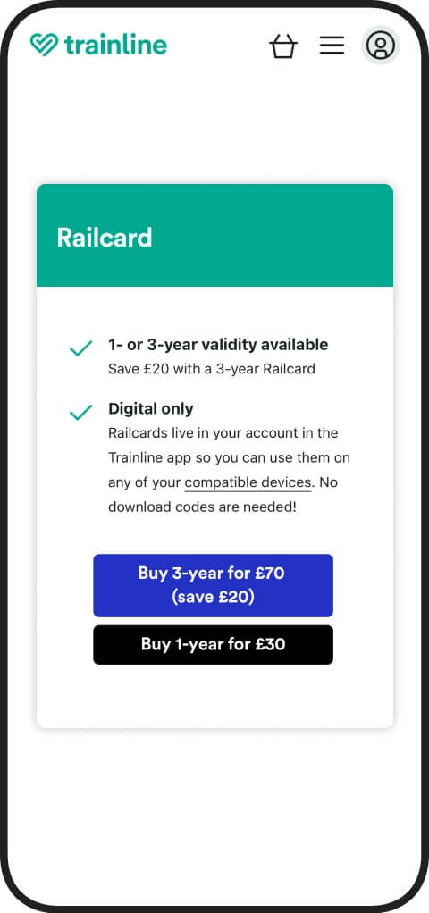 Trainline Railcard 選擇卡片首頁畫面