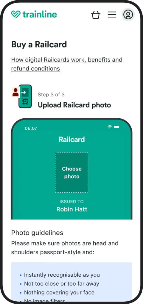 Trainline 上傳護照規格照片畫面