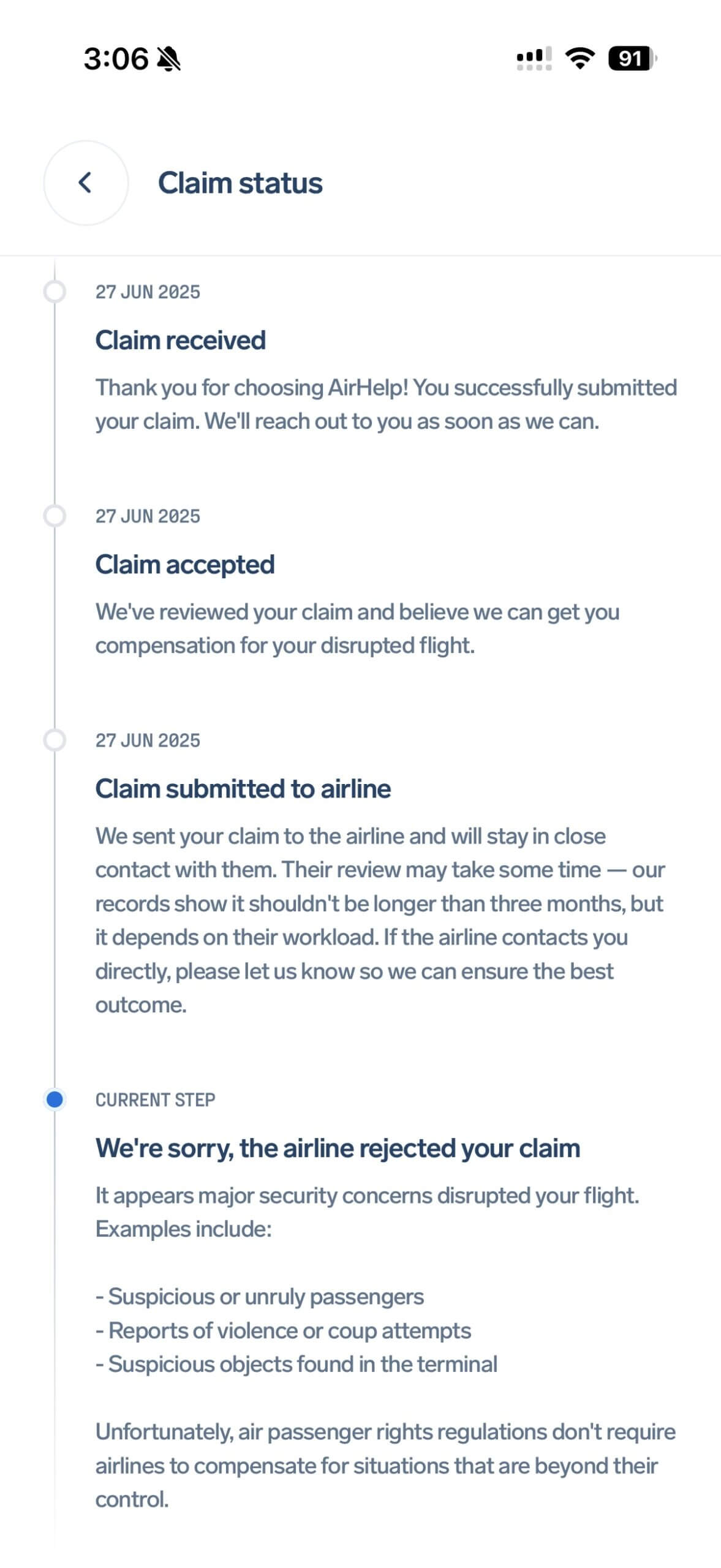 Airhelp App 理賠進度實際畫面截圖