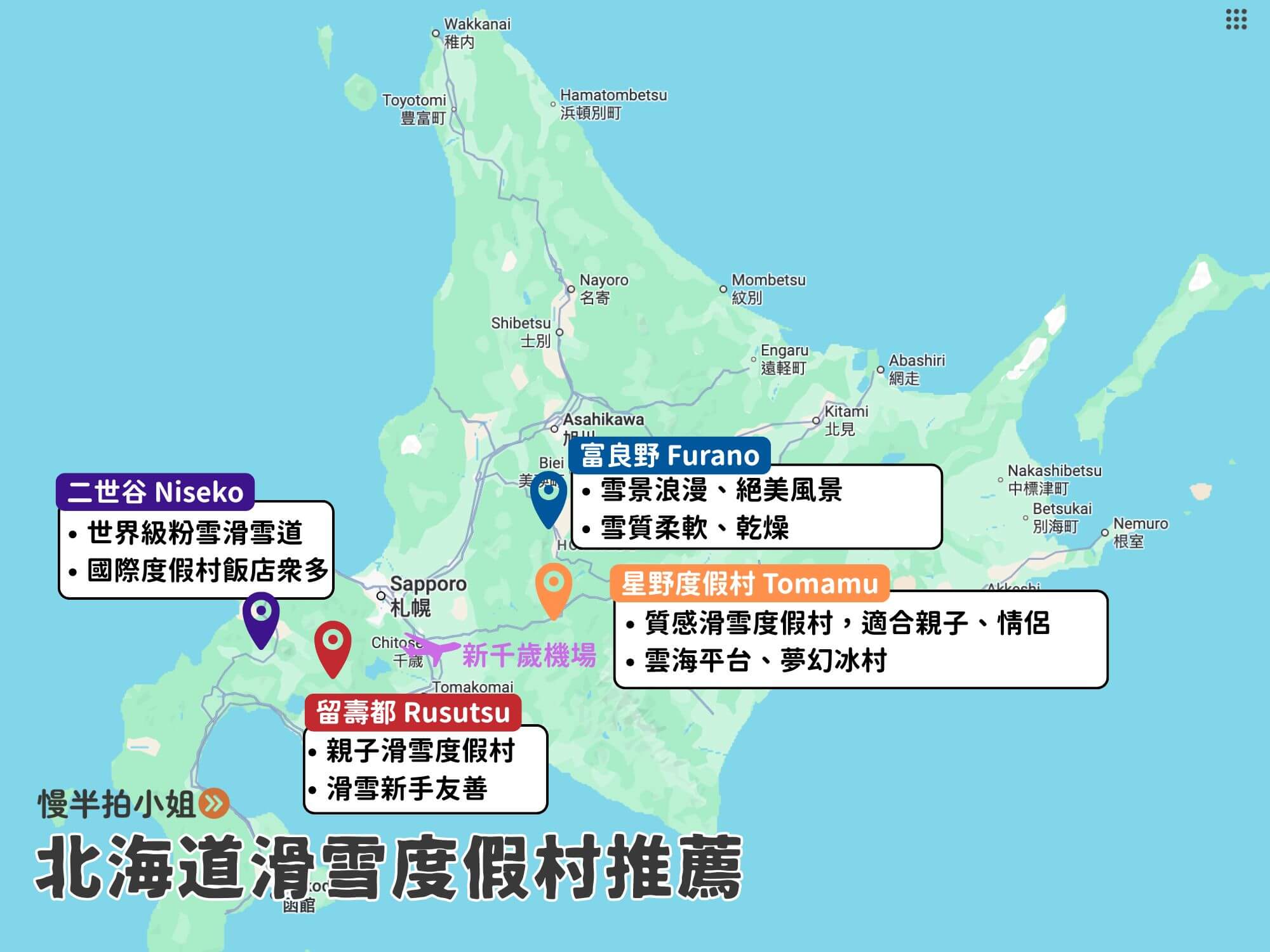 北海道滑雪度假村推薦地圖
