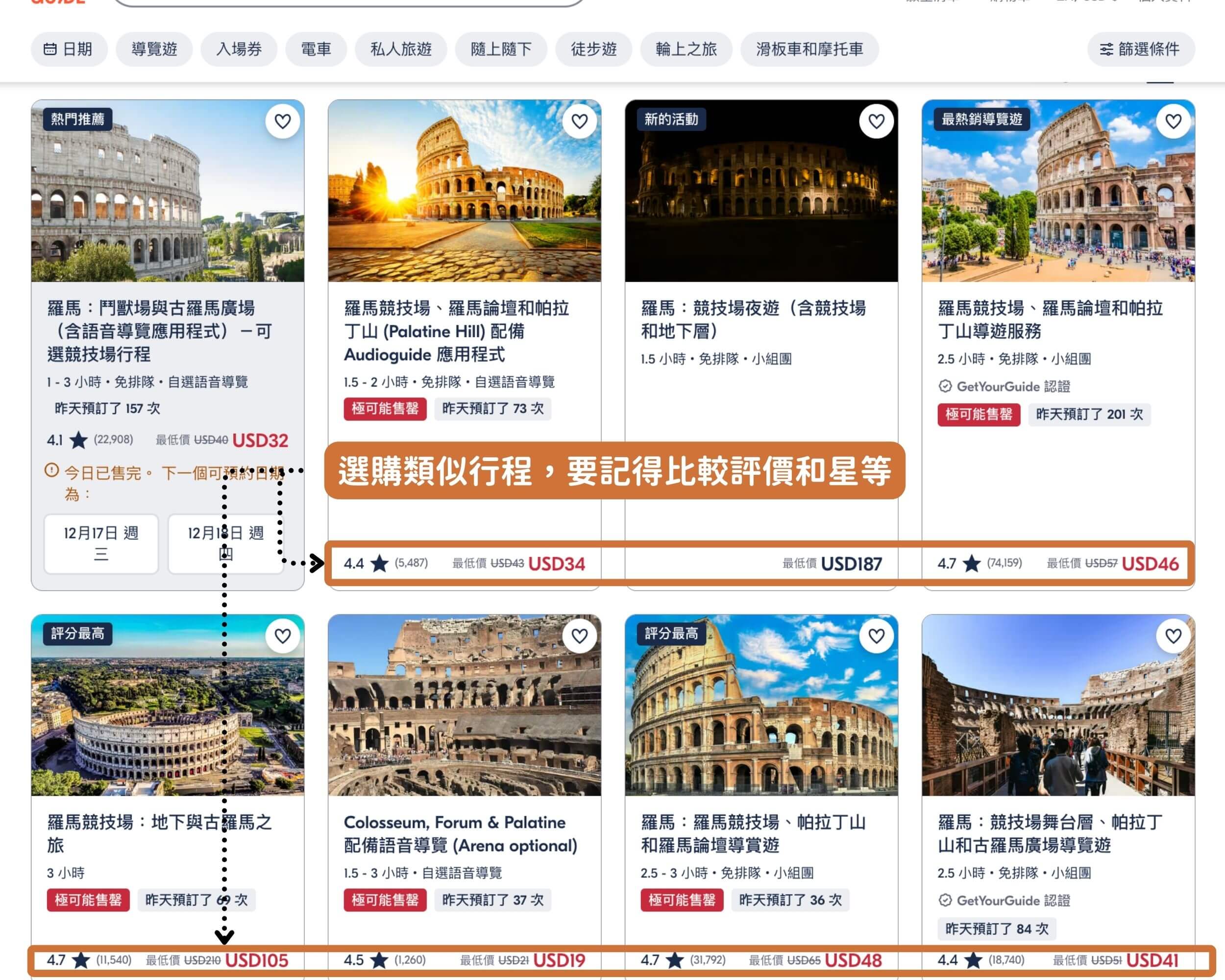 GetYourGuide在購買行程時要注意評分